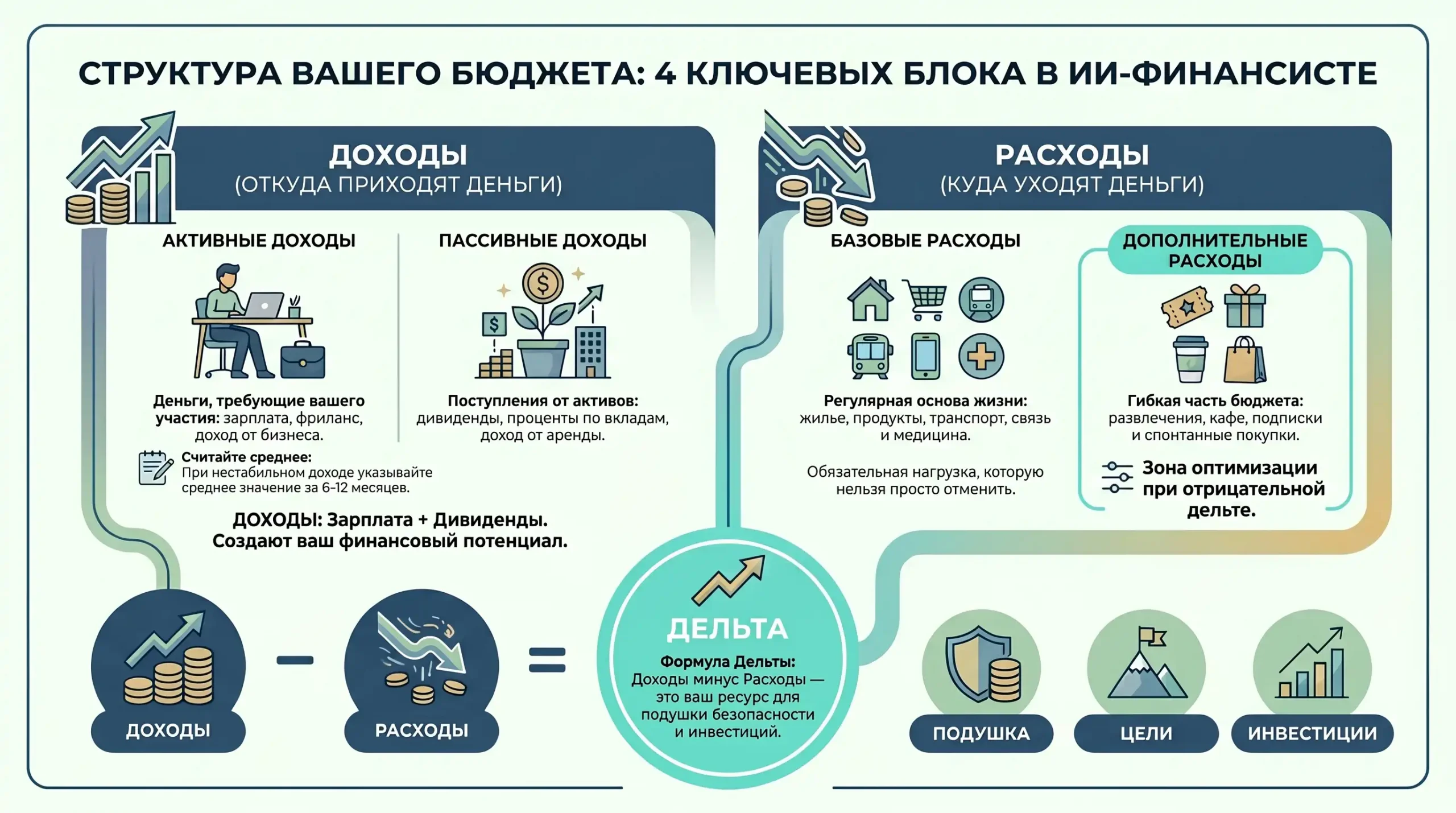 активные доходы, пассивные доходы, базовые расходы, дополнительные расходы
