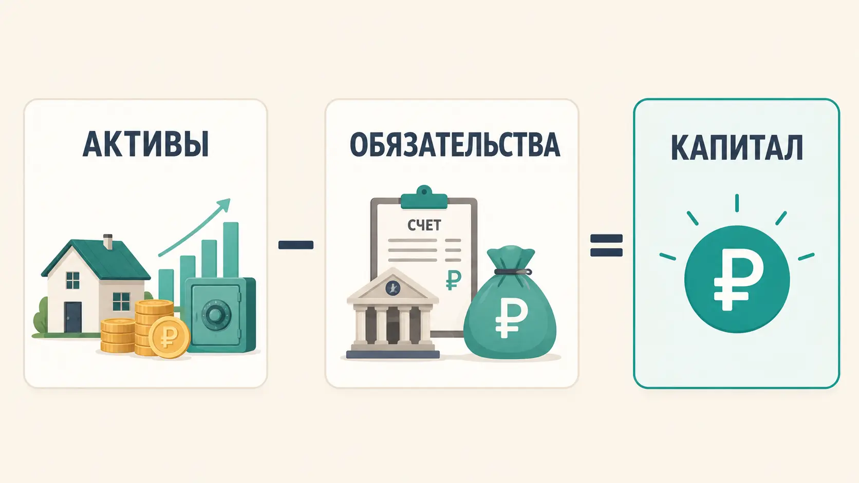 Инфографика «Активы минус обязательства равно капитал»