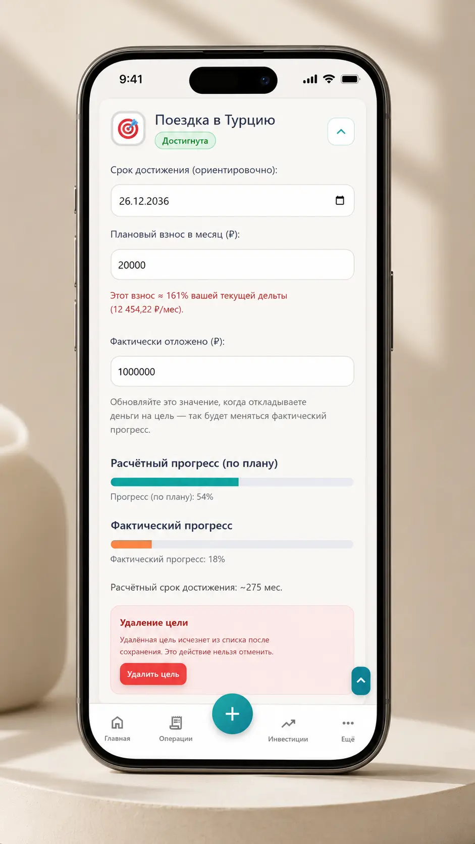 Карточка финансовой цели с расчётным и фактическим прогрессом