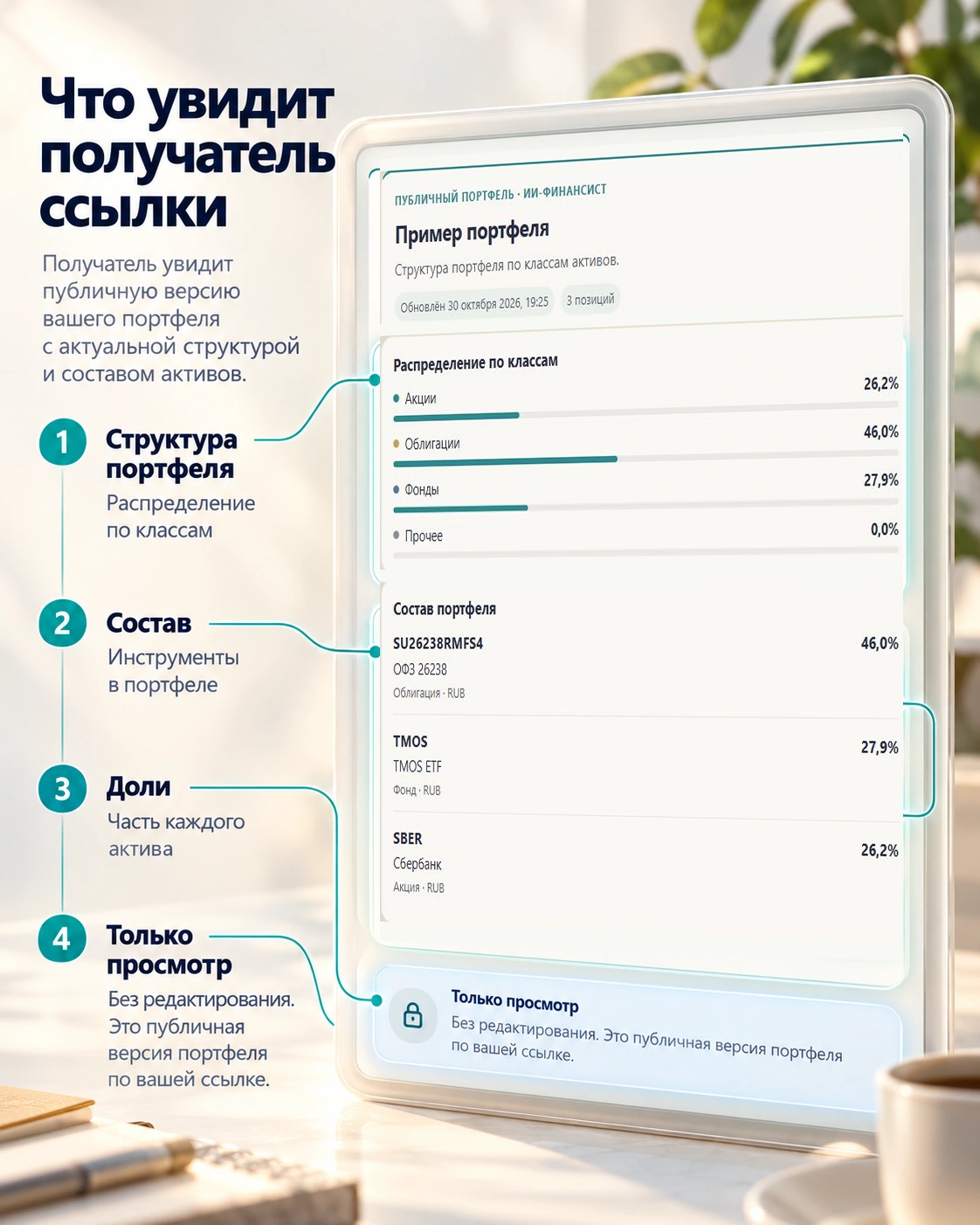 Публичный вид портфеля: распределение по классам, состав инструментов и их доли.